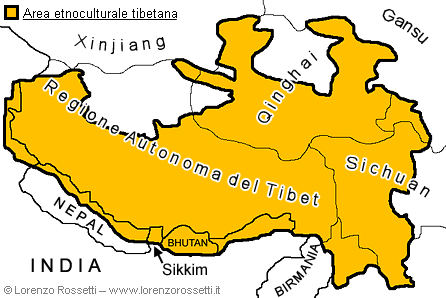 Figura 1:  Carta dell'area etnolinguistica tibetana (o Tibet culturale).